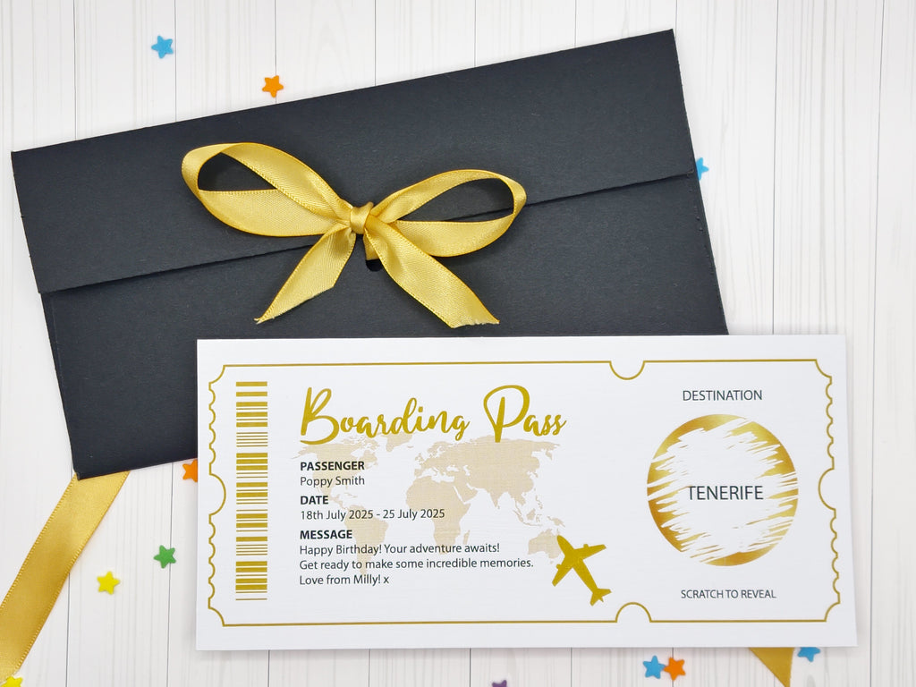 Personalised Scratch Reveal Boarding Pass, Holiday Destination Surprise + Envelope & Ribbon