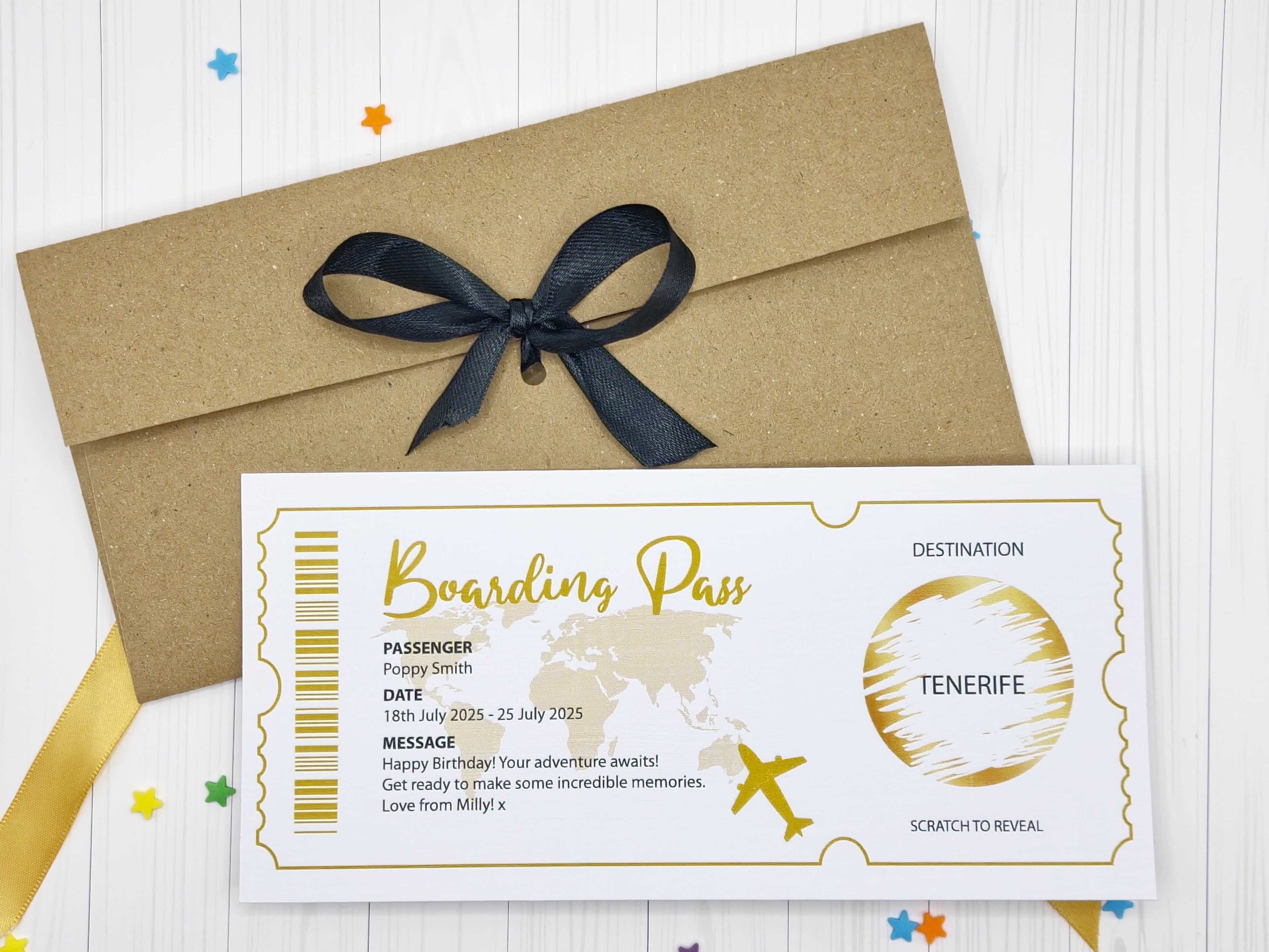 Personalised Scratch Reveal Boarding Pass, Holiday Destination Surprise + Envelope & Ribbon