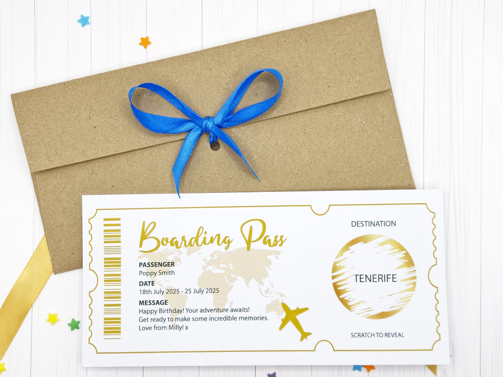 Personalised Scratch Reveal Boarding Pass, Holiday Destination Surprise + Envelope & Ribbon