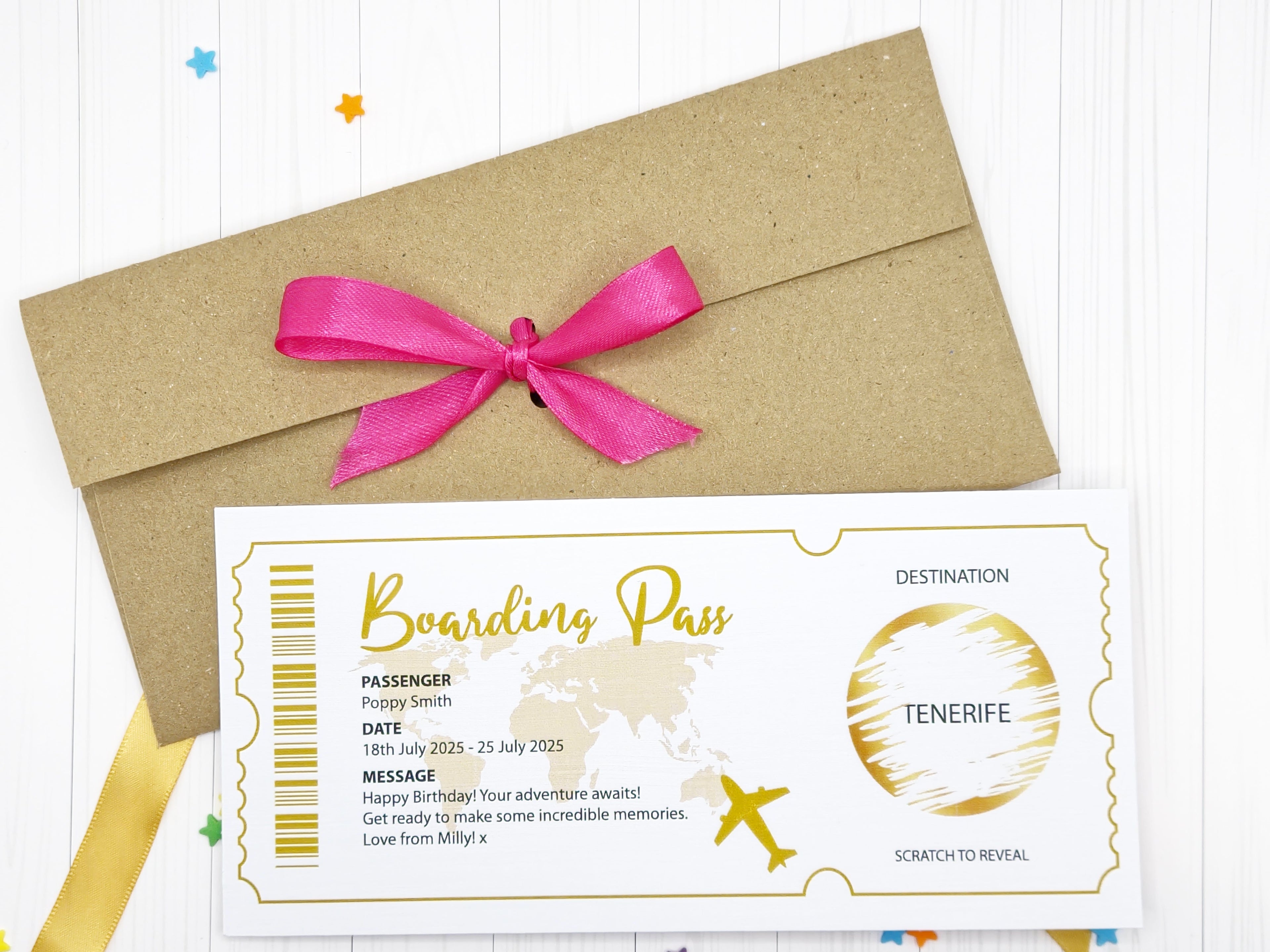 Personalised Scratch Reveal Boarding Pass, Holiday Destination Surprise + Envelope & Ribbon